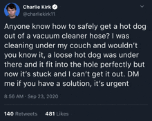 charlie kirk wrote a tweet about a hot dog out of a vacuum cleaner hose