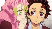 a boy and a girl are standing next to each other and the girl has pink hair