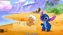 lilo and stitch are playing in the sand on the beach and stitch says " aloha cousin "