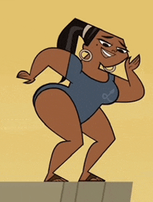 a cartoon character is wearing a blue swimsuit and earrings