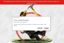 a screenshot of a computer screen that says driver update required