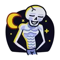 a cartoon drawing of a skeleton with his eyes closed and a moon in the background