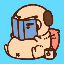 a pug dog is reading a book while holding a cup