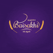 a purple background with gold letters that say happy baisakhi 14 april