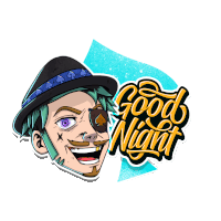 a cartoon illustration of a man with purple eyes and a hat that says " good night "