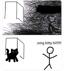 a stick figure is standing in front of a door with a black cat and the words omg kitty hi