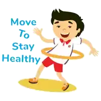 a cartoon of a boy hula hooping with the words move to stay healthy behind him