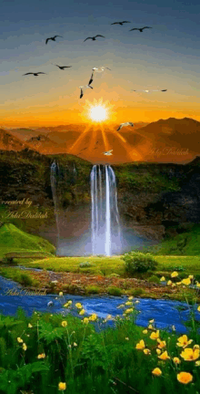 a waterfall is surrounded by flowers and birds at sunset