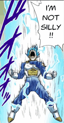 a cartoon of a man with blue hair screaming that he is not silly