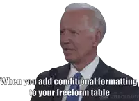 a man in a suit and tie says when you add conditional formatting to your freeform table made with unscreen