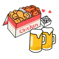 a box of chicken sits next to two beer mugs