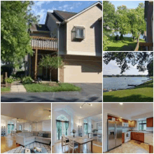 a collage of pictures of a house and a lake