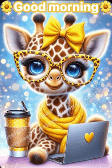 a giraffe wearing glasses and a yellow bow is sitting in front of a laptop and a cup of coffee .