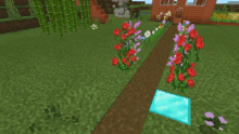 a row of flowers along a path in a minecraft world .