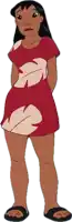 a cartoon character wearing a red and white dress and black flip flops