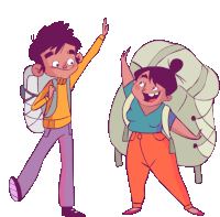 a boy with a backpack and a woman with a backpack are standing next to each other