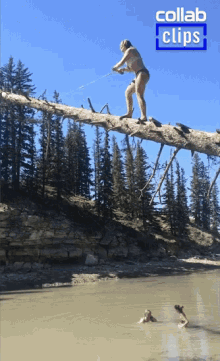 a woman in a bikini is standing on a log over a body of water with the words collab clips behind her