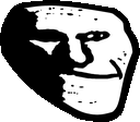 a black and white drawing of a troll face with a smile on it .