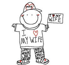 a child 's drawing of a man holding a sign that says i love my wife