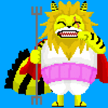 a pixel art drawing of a lion with a trident in his hand