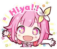 a cartoon of a girl with pink hair and a flower on her head with the word hiya written above her .