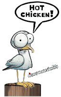 a cartoon of a seagull with a speech bubble saying hot chicken