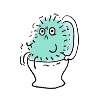 a cartoon drawing of a bacteria sitting on a toilet with its mouth open .