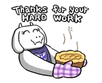 a cartoon of a sheep holding a pie with the words thanks for your hard work above it