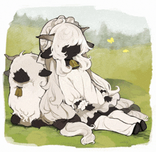 a drawing of a girl sitting next to a cow with a bell around its neck