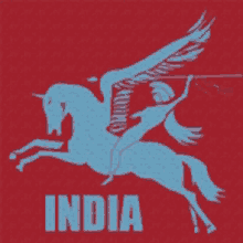 a blue silhouette of a person riding a pegasus with the word india below it