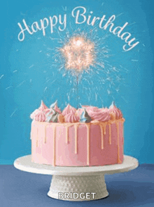 a pink birthday cake with sparklers coming out of it on a white cake stand .