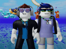 two roblox characters wearing headphones and sunglasses pose for a photo