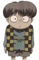 a cartoon character with big eyes and a plaid vest