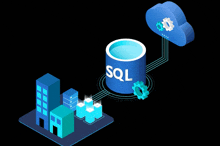 an isometric illustration of a sql database being connected to a cloud