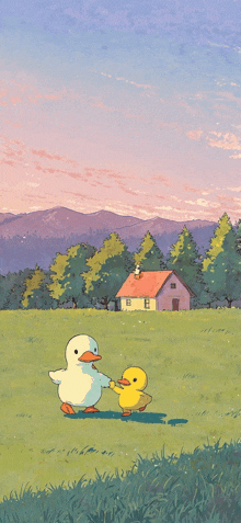 a cartoon of two ducks holding hands in a field with a house in the background