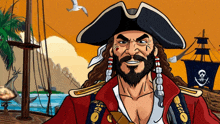 a cartoon illustration of a pirate with a skull and crossbones flag in the background