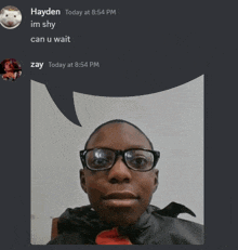 a screenshot of a discord conversation between hayden and zay at 8:54 pm