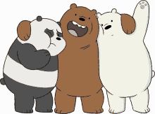 a group of three bears standing next to each other with one bear being sad