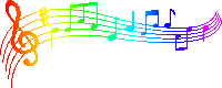 rainbow colored music notes on a treble clef