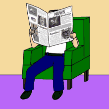 a man is sitting in a chair reading a newspaper