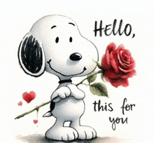 snoopy is holding a red rose with the words hello this for you