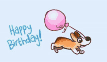 a cartoon of a dog holding a pink balloon with the words `` happy birthday '' written above it .