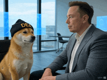 a dog wearing a dea hat sits next to a man