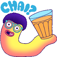 a cartoon of a worm with glasses holding a glass of orange juice with the word chai above it