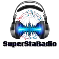 a logo for superstar radio with headphones and music notes in the background