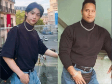 a man wearing a black turtleneck next to another man wearing jeans