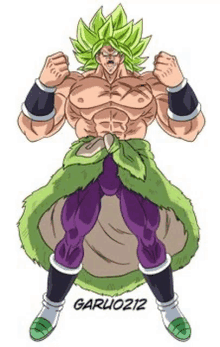 a drawing of a muscular man with green hair and purple pants standing on a white background .