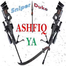 a logo for sniper duke ashfiq ya with sniper guns and a sword