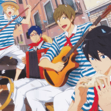 a group of anime characters playing instruments including a guitar