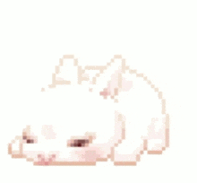 a pixel art of a white rabbit laying down on its back on a white background .